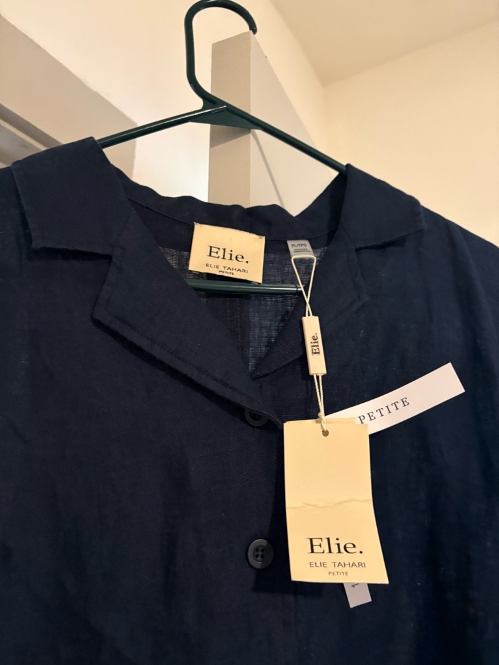 Elie Tahari Navy Button Front Short Sleeve Shirt 100% European Linen - Picture 2 of 3